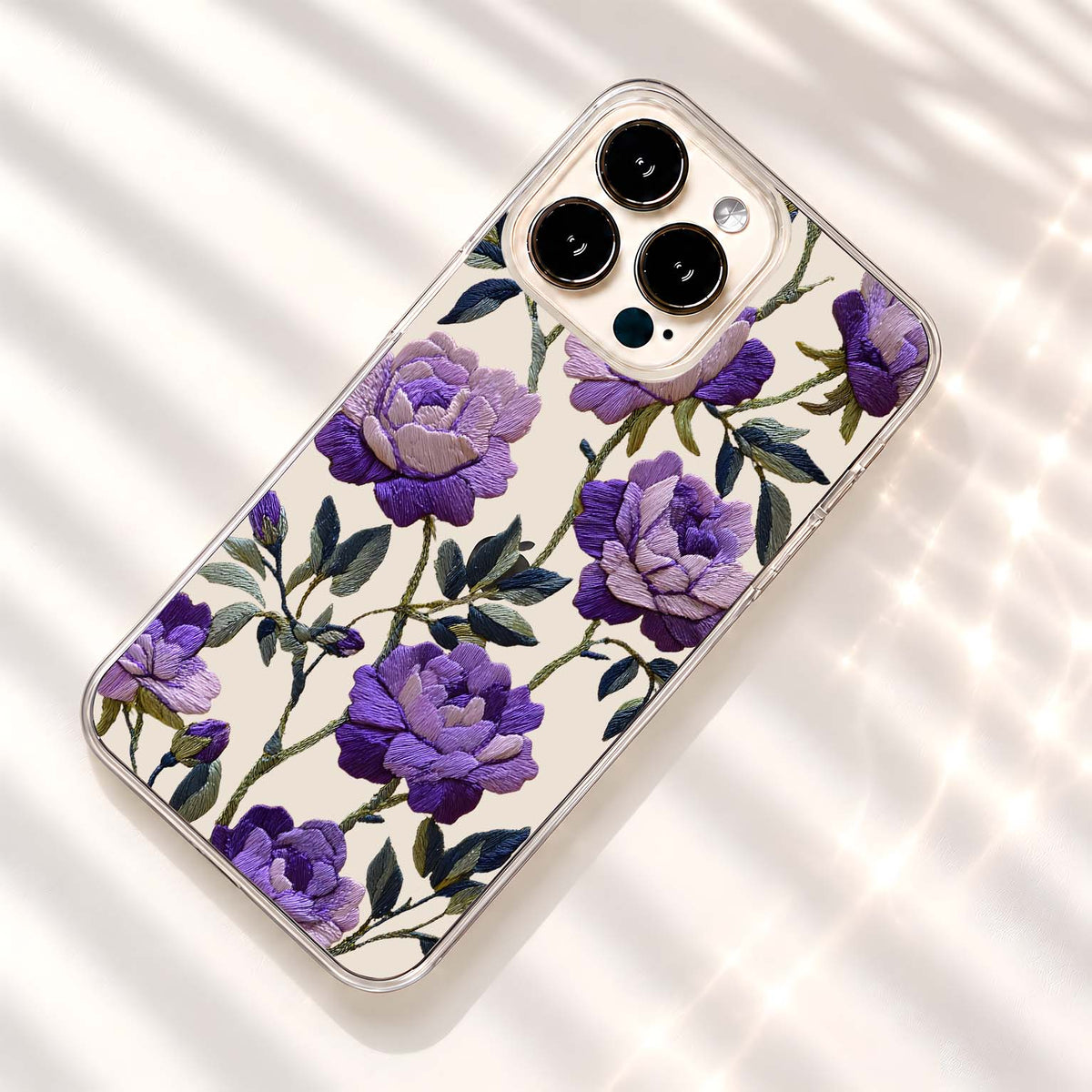Violet Embroidered Roses Clear Silicon Cover