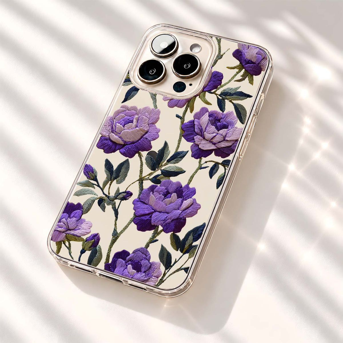 Violet Embroidered Roses Clear Silicon Cover