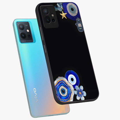 Aesthetic Blue Evil Eye Glass Case displayed in angled mockup highlighting blue evil eye symbol and spiritual aesthetic design.