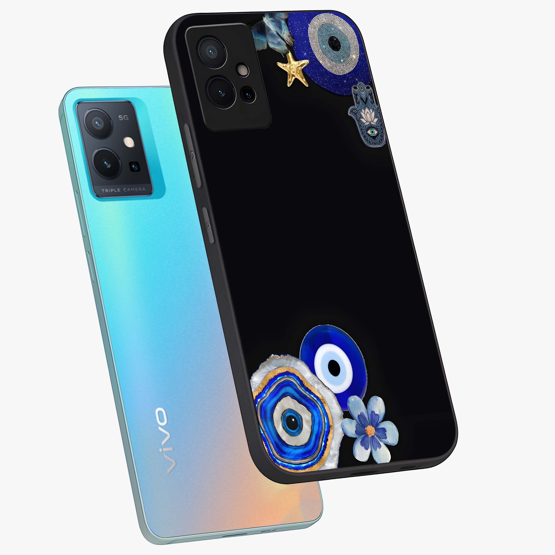 Aesthetic Blue Evil Eye Glass Case displayed in angled mockup highlighting blue evil eye symbol and spiritual aesthetic design.