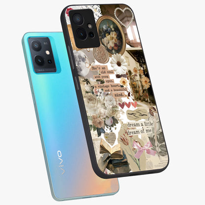 Aesthetic Brown Vintage Collage Glass Case displayed in angled mockup highlighting vintage aesthetic collage design.