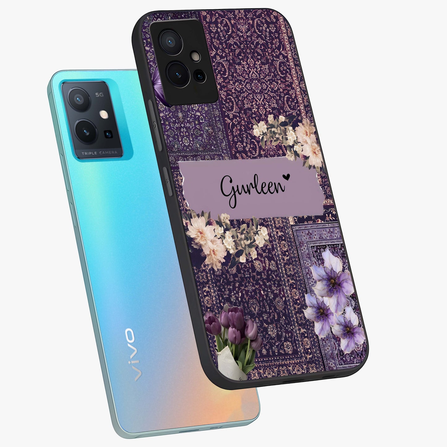 Antique Floral Whisper Custom Name Glass Case displayed in angled mockup highlighting elegant antique floral aesthetic.