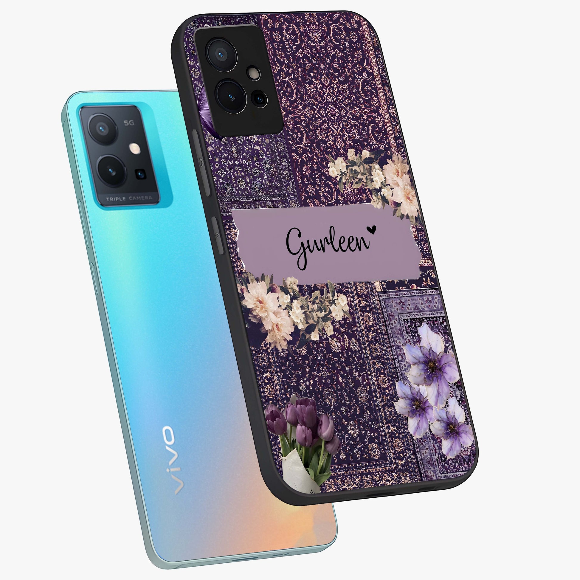 Antique Floral Whisper Custom Name Glass Case displayed in angled mockup highlighting elegant antique floral aesthetic.