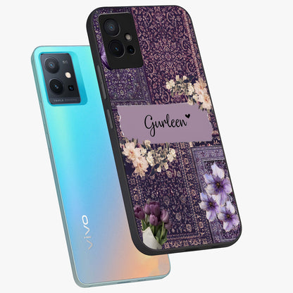 Antique Floral Whisper Custom Name Glass Case displayed in angled mockup highlighting elegant antique floral aesthetic.