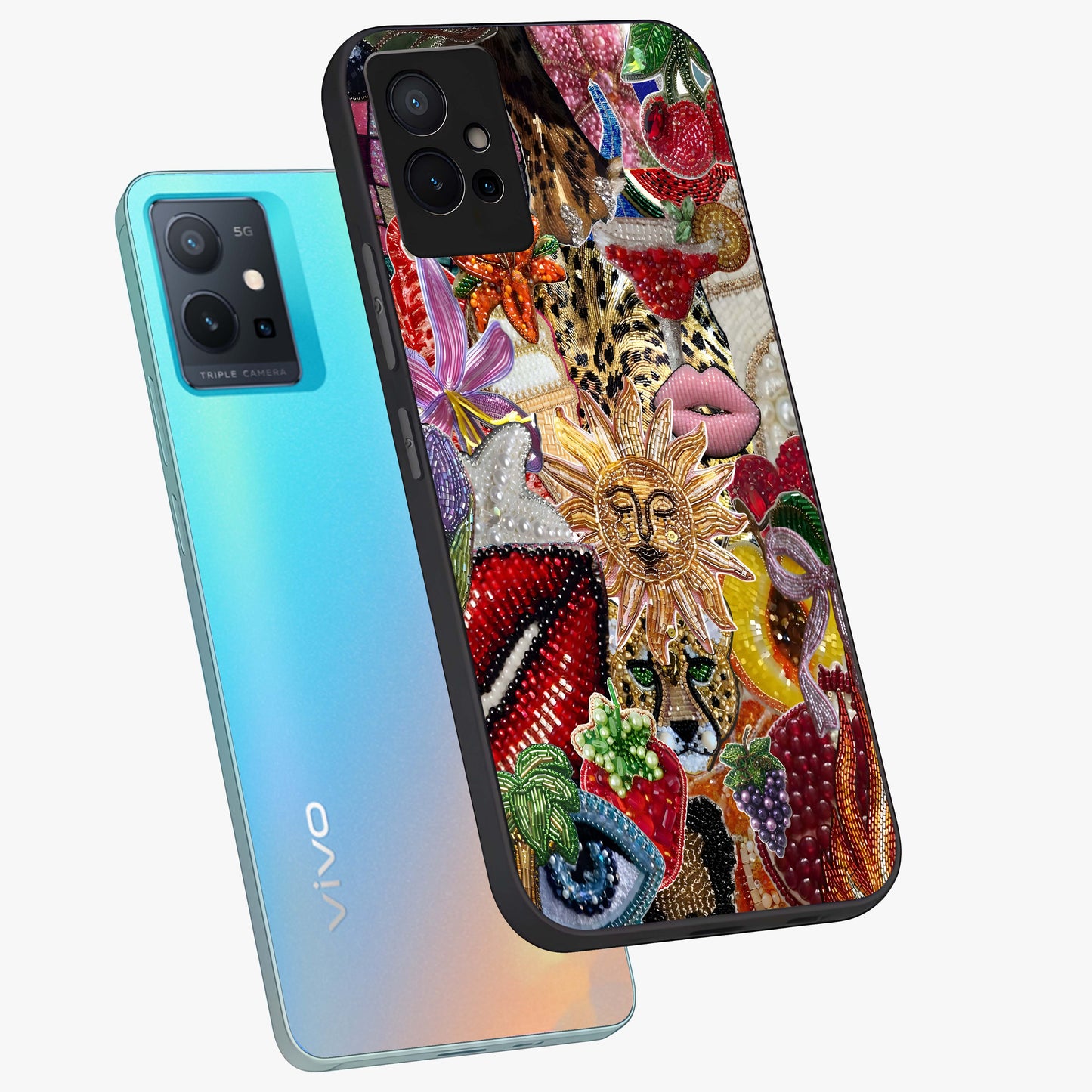 Beaded Fashion Jungle Glass Case displayed in angled mockup highlighting colorful fashion bead design and artistic pattern.