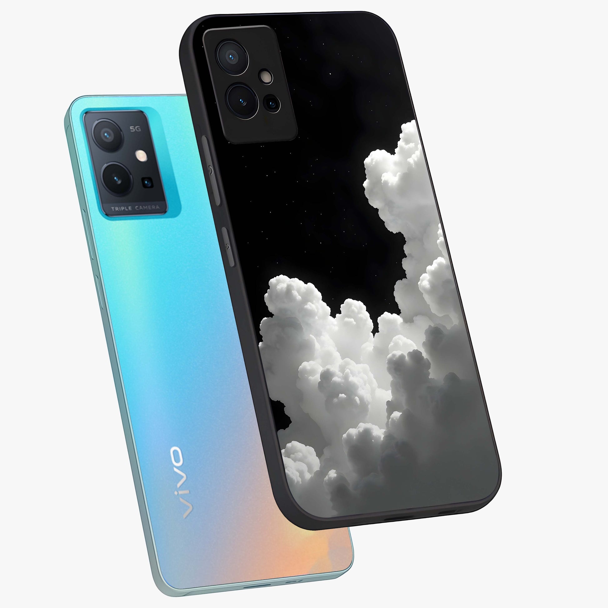 Black Background With White Cloud Glass Case displayed in angled mockup highlighting soft white cloud illustration and minimal design.