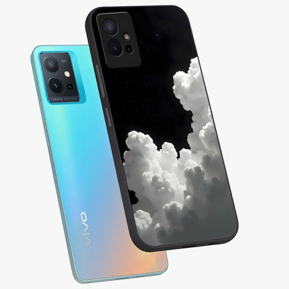 Black Background With White Cloud Glass Case displayed in angled mockup highlighting soft white cloud illustration and minimal design.