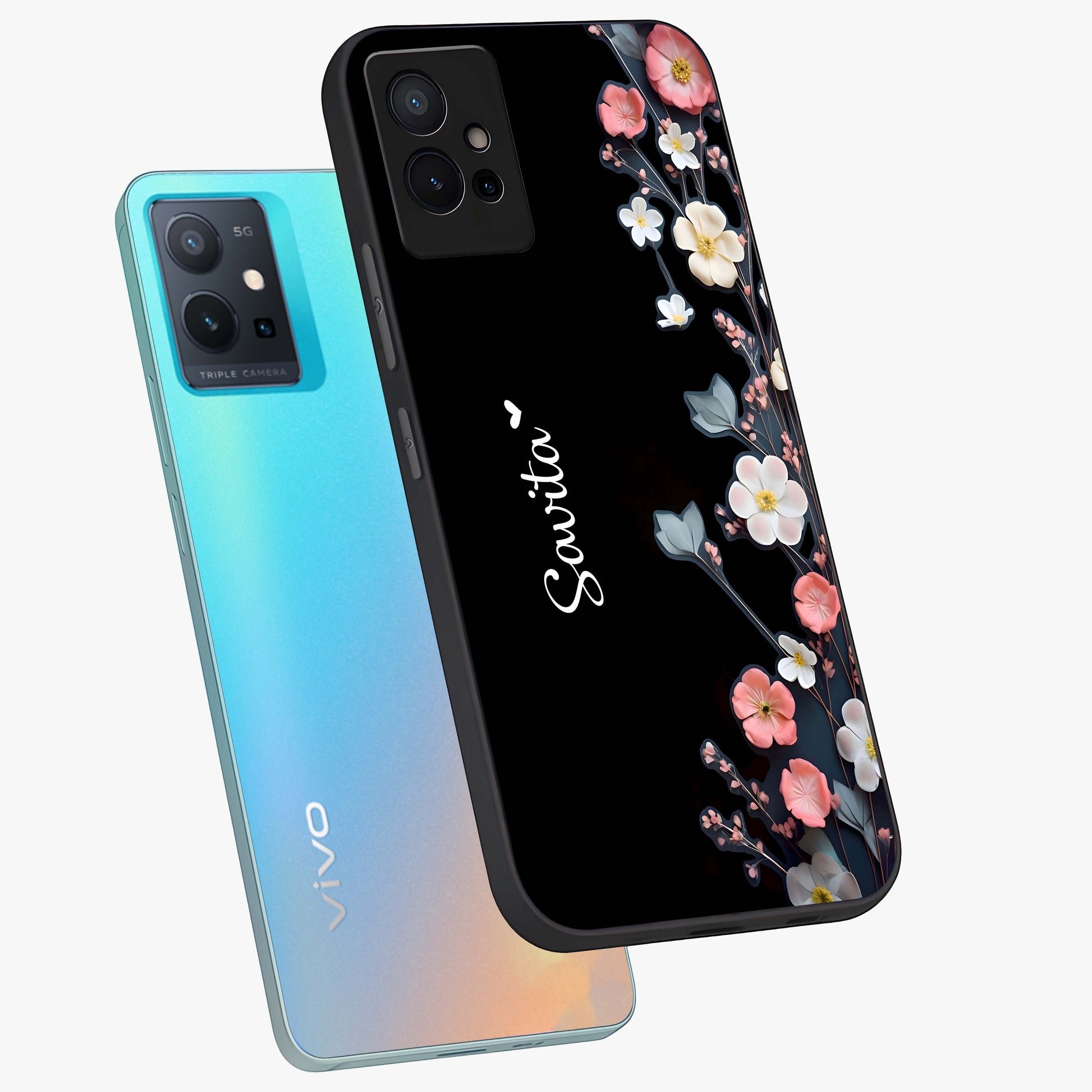 Black Elegance Floral Custom Name Glass Case displayed in angled mockup highlighting dark floral aesthetic and custom name feature.
