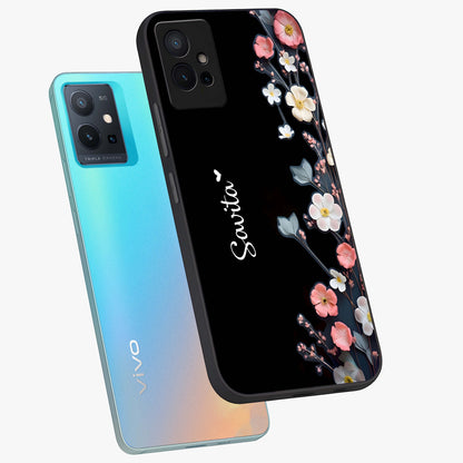 Black Elegance Floral Custom Name Glass Case displayed in angled mockup highlighting dark floral aesthetic and custom name feature.