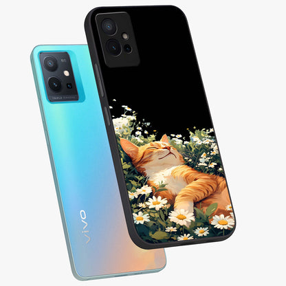 Blissful Bloom Cat Glass Case displayed in angled mockup highlighting playful feline illustration with soft floral aesthetic.