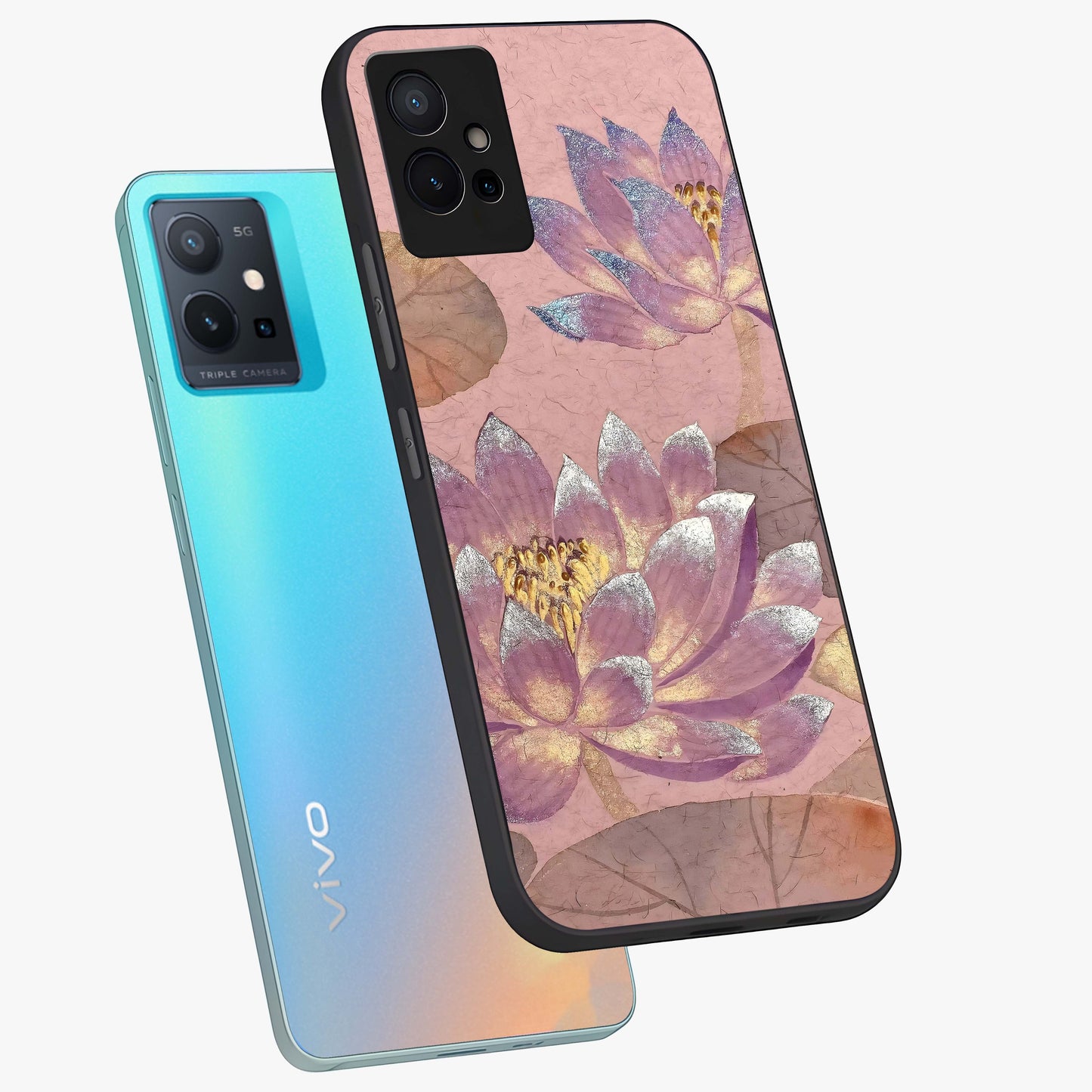 Blossom Mist Lotus Glass Case displayed in angled mockup highlighting delicate lotus illustration with calm aesthetic theme.