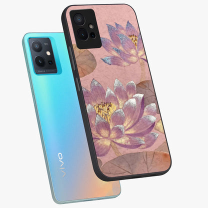 Blossom Mist Lotus Glass Case displayed in angled mockup highlighting delicate lotus illustration with calm aesthetic theme.