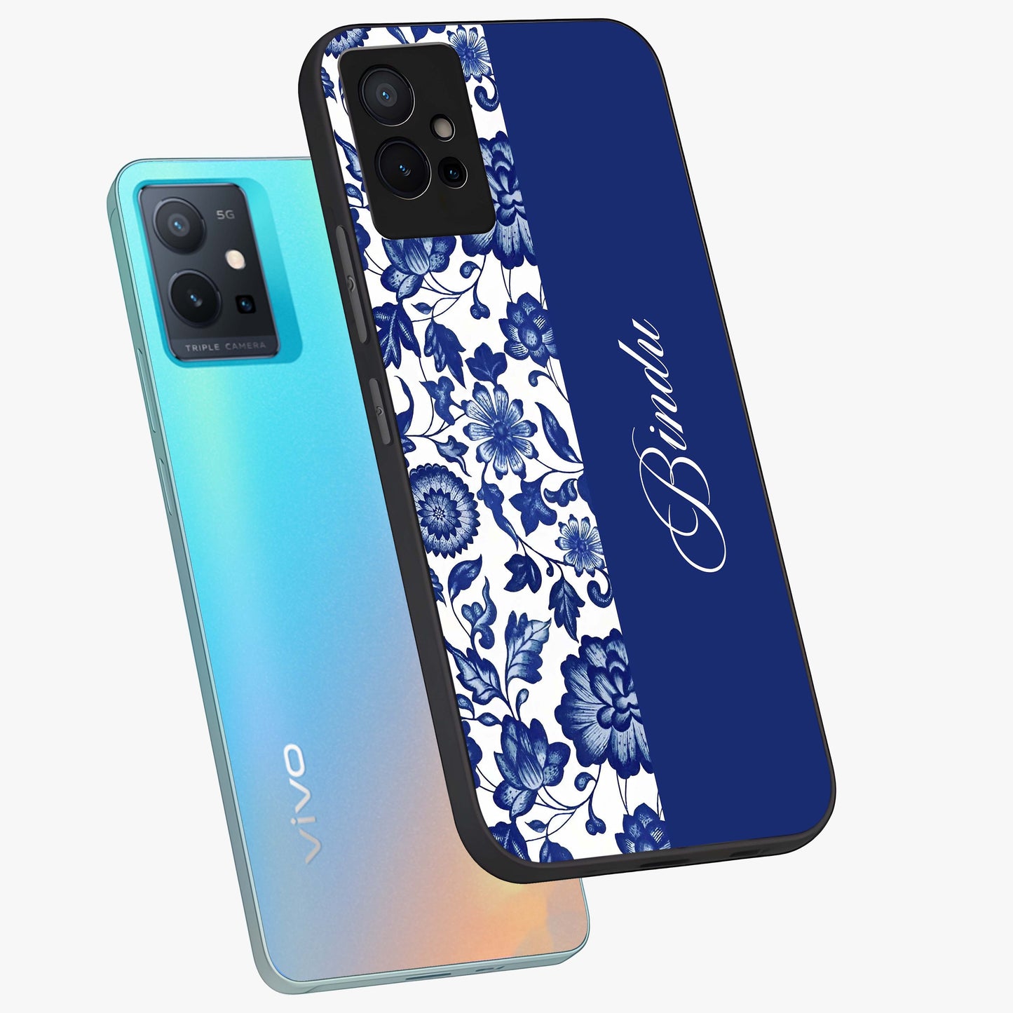 Blue Vintage Floral Pattern Glass Case displayed in angled mockup highlighting subtle bloom pattern with aesthetic pastel design.
