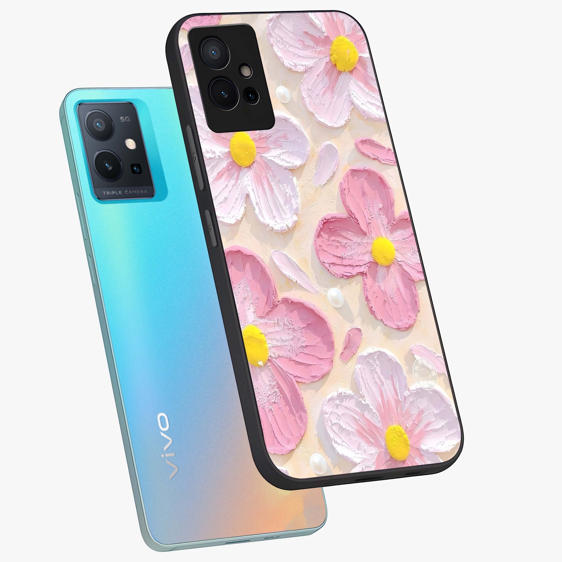 Blush Bloom Texture Glass Case displayed in angled mockup highlighting subtle bloom pattern with aesthetic pastel design.