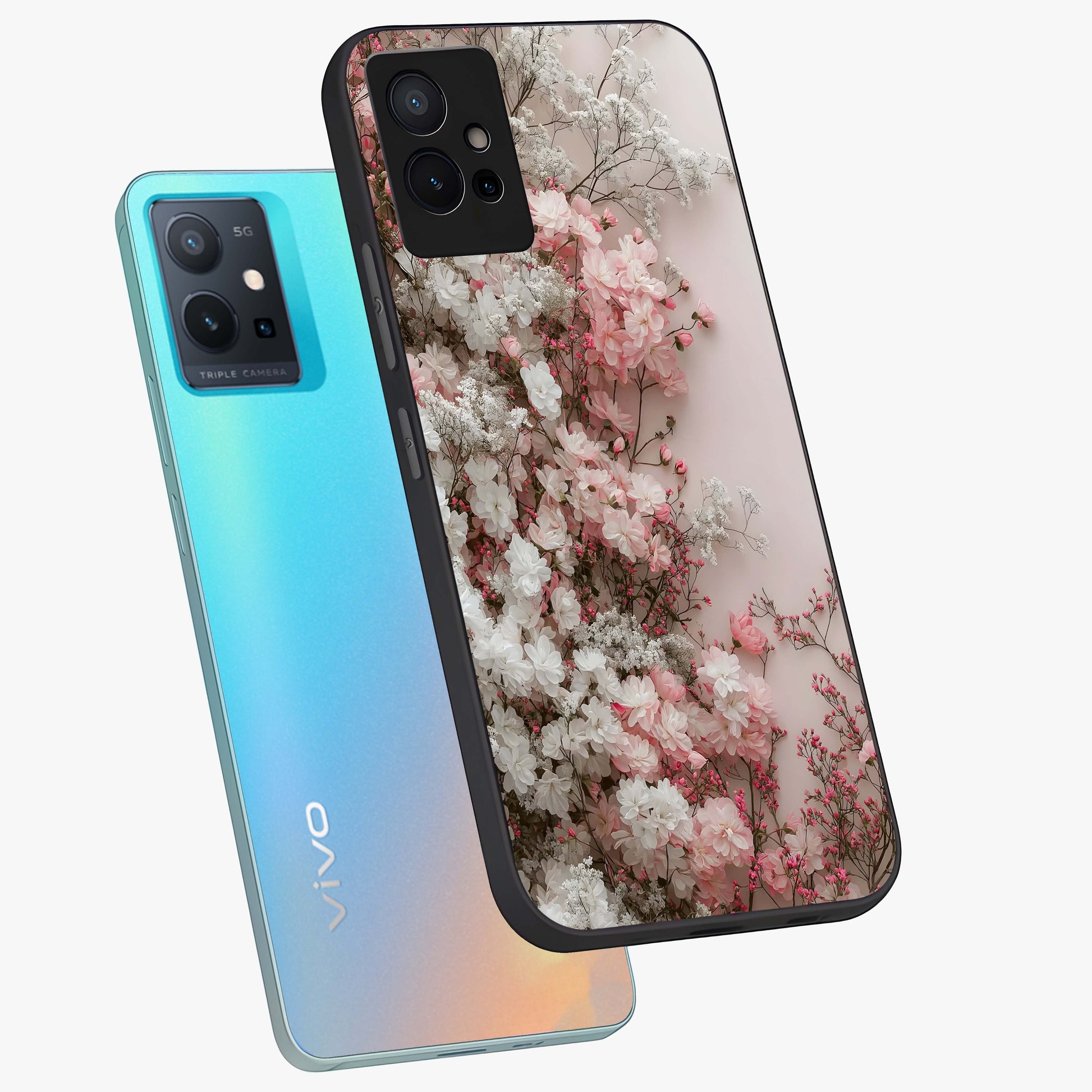 Blush Blossom Cloud Glass Case displayed in angled mockup highlighting soft cloud and blossom design with pastel aesthetic.