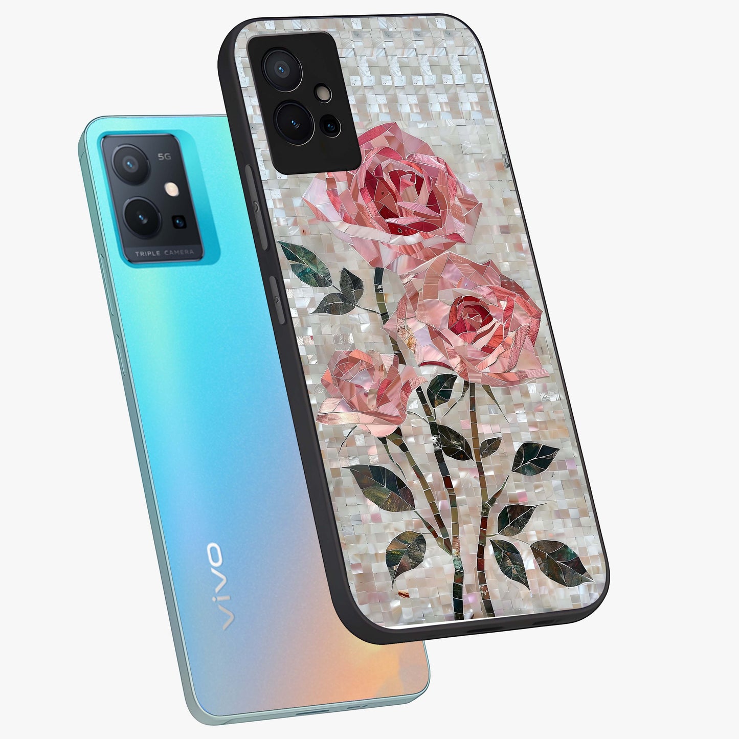 Blush Mosaic Bloom Glass Case displayed in angled mockup highlighting artistic mosaic flower pattern with aesthetic design.