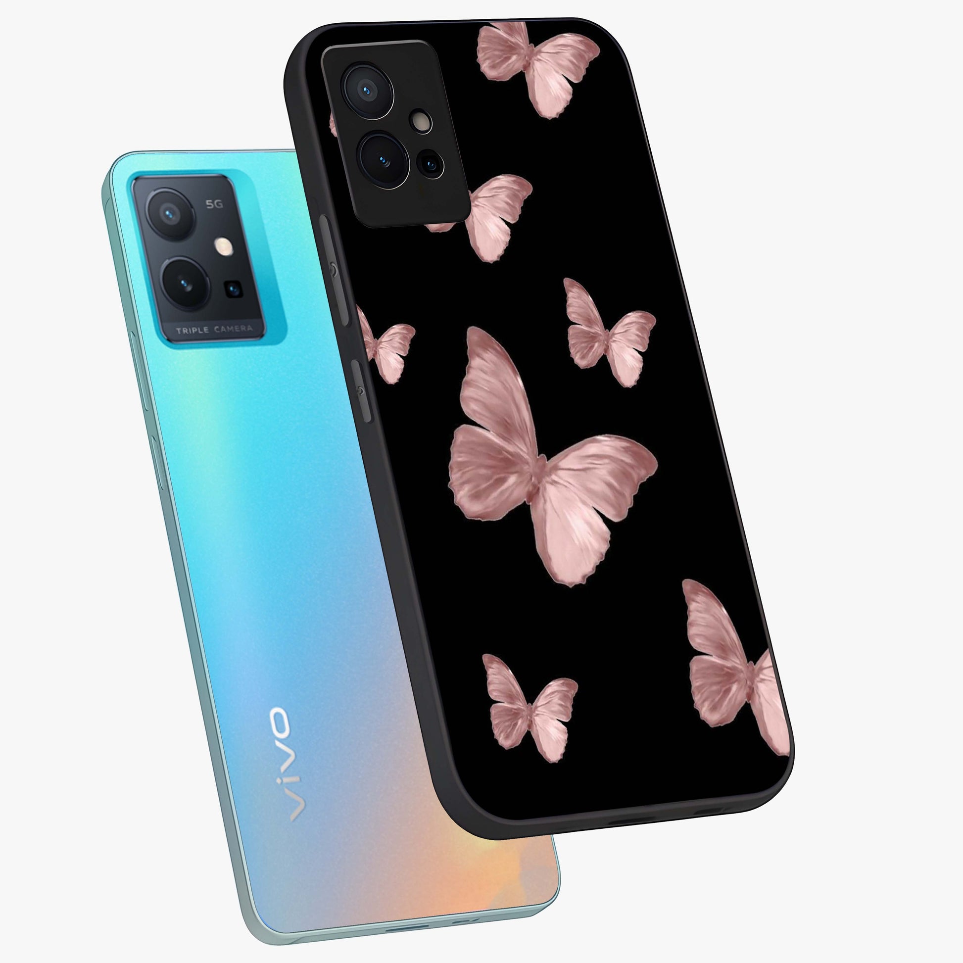 Butterfly Pattern Glass Case displayed in angled mockup highlighting delicate butterfly design and aesthetic pattern style.