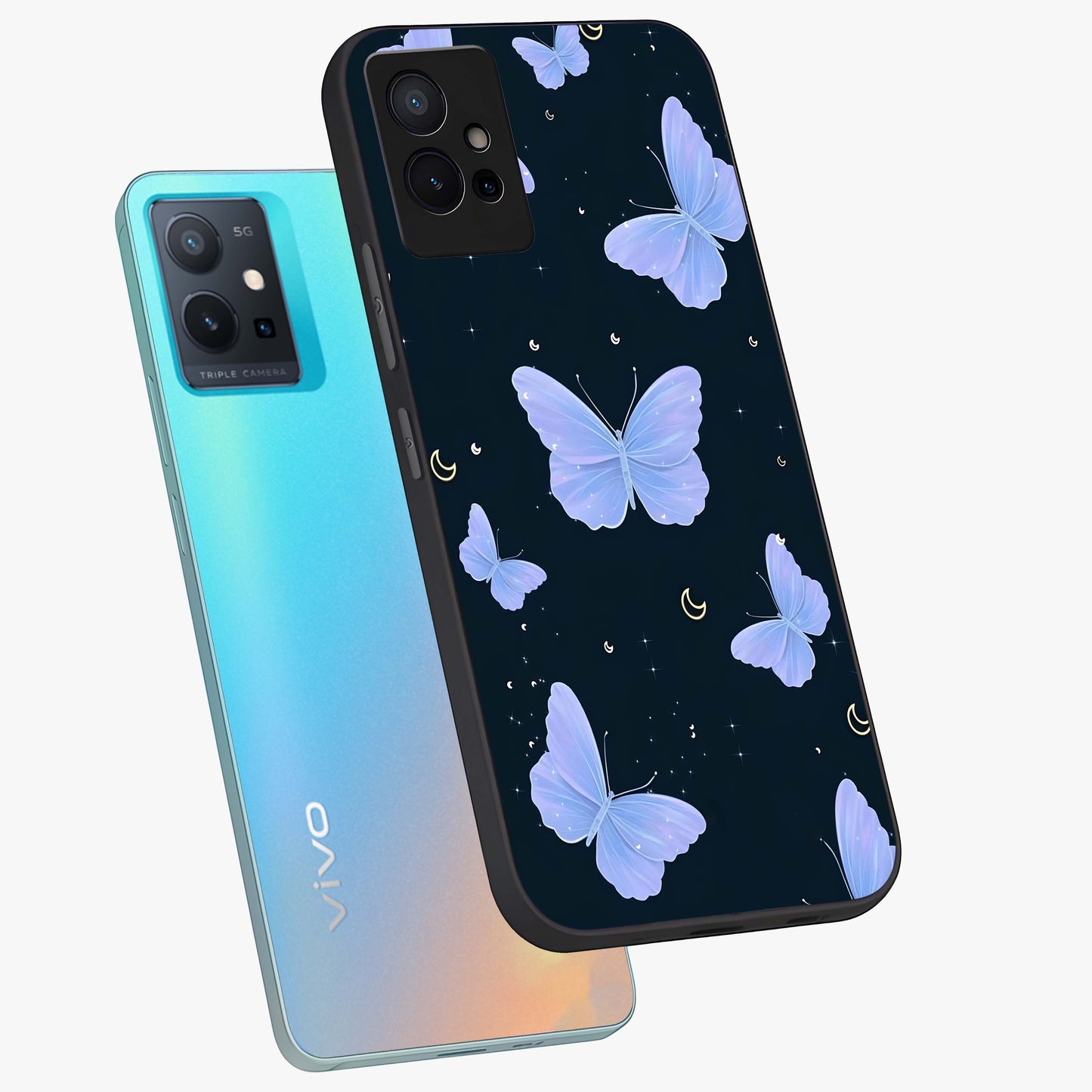 Butterfly With Stars Pattern Glass Case displayed in angled mockup highlighting dreamy butterfly and star design with aesthetic theme.