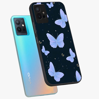Butterfly With Stars Pattern Glass Case displayed in angled mockup highlighting dreamy butterfly and star design with aesthetic theme.