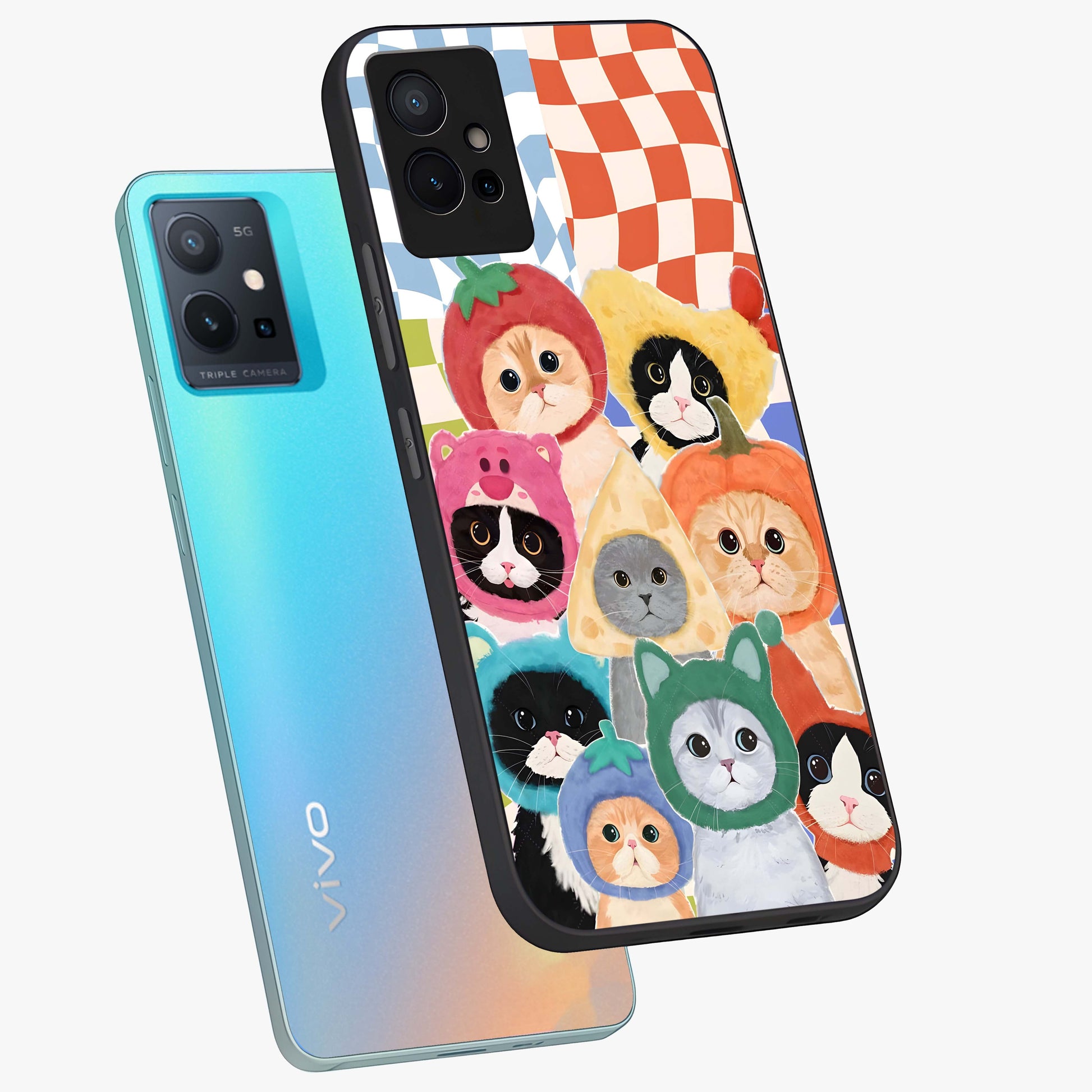 Cats in Fruits Glass Case displayed in angled mockup highlighting cute feline fruit design with colorful aesthetic style.