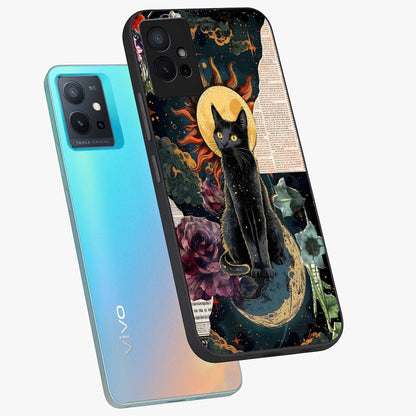 Celestial Black Cat Glass Case displayed in angled mockup highlighting cosmic black cat design with celestial aesthetic.