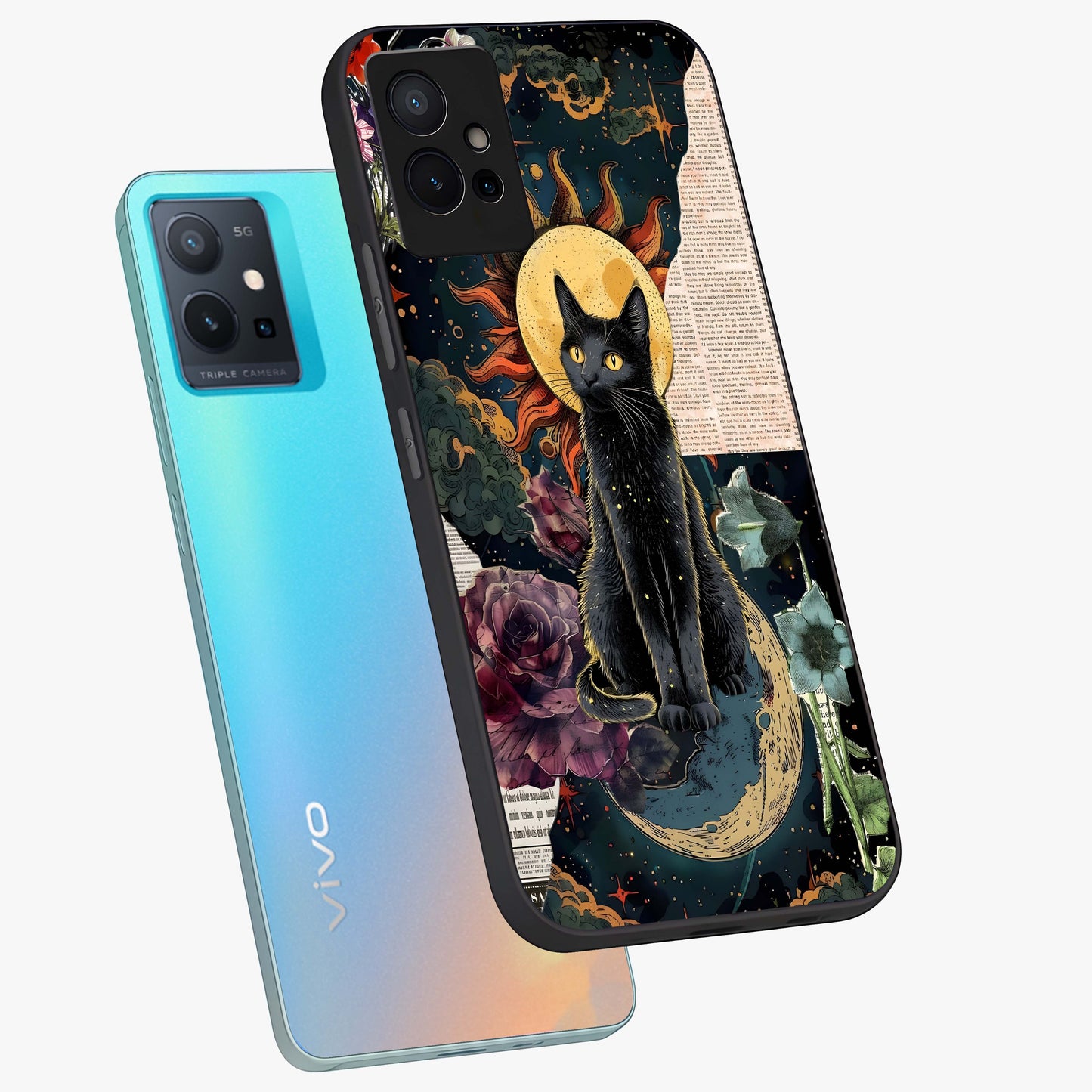Celestial Black Cat Glass Case displayed in angled mockup highlighting cosmic black cat design with celestial aesthetic.