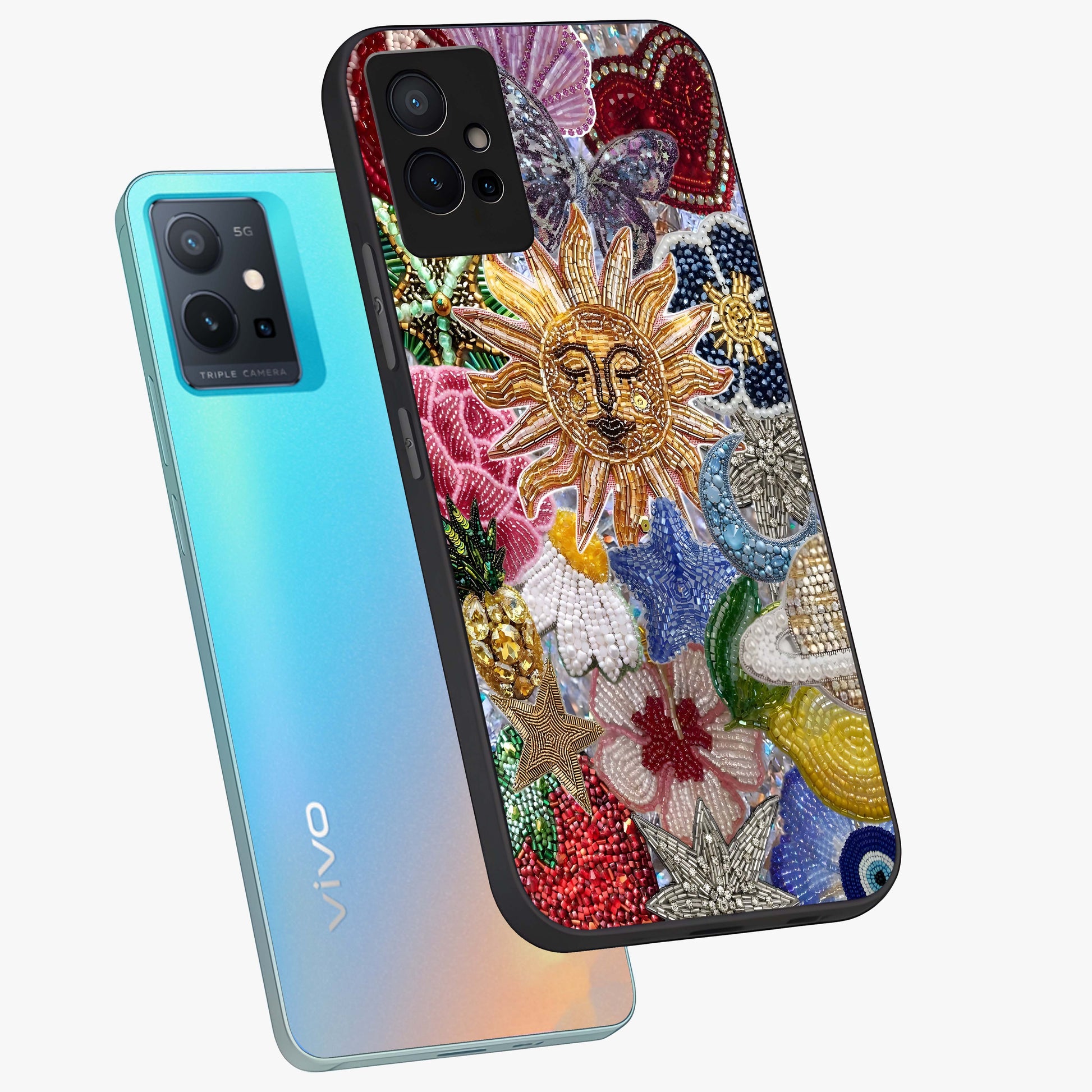 Celestial Floral and Playful Glass Case displayed in angled mockup highlighting playful floral design with dreamy celestial elements.