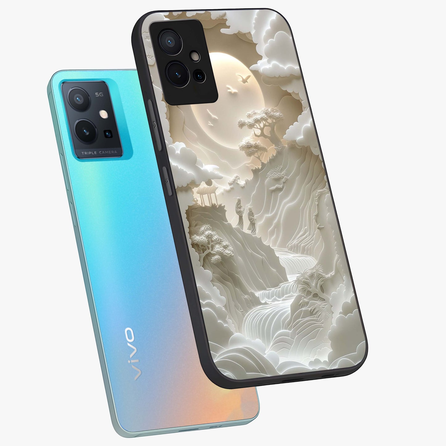 Celestial Origami Glass Case displayed in angled mockup highlighting geometric origami design with cosmic aesthetic theme.