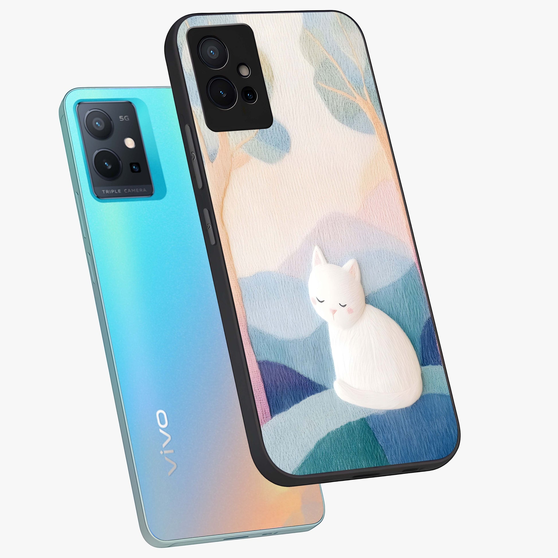 Cotton Dream Cat Glass Case displayed in angled mockup highlighting cute feline illustration with pastel aesthetic style.