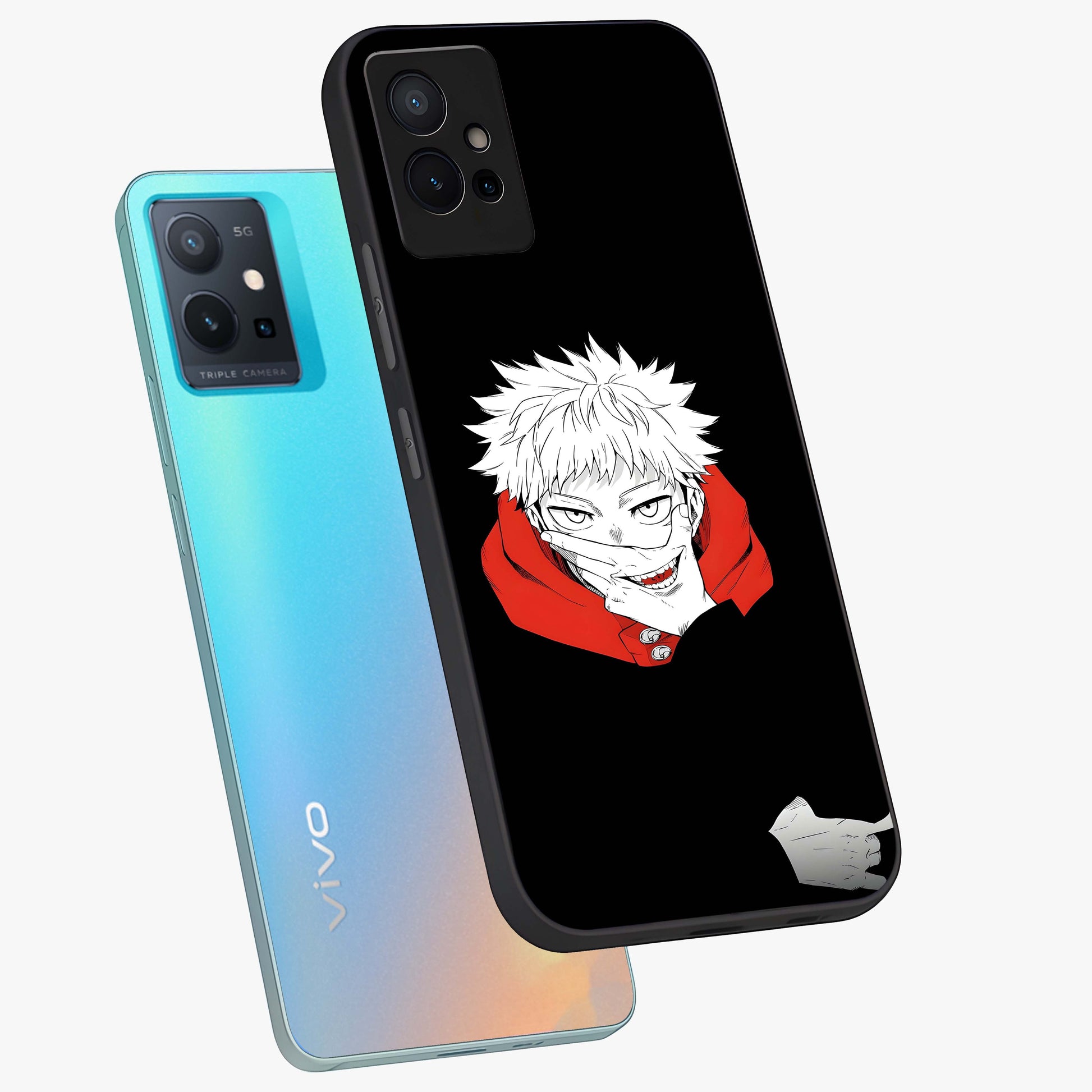 Crimson Chaos Smile Glass Case displayed in angled mockup highlighting edgy crimson smile design with graphic aesthetic.