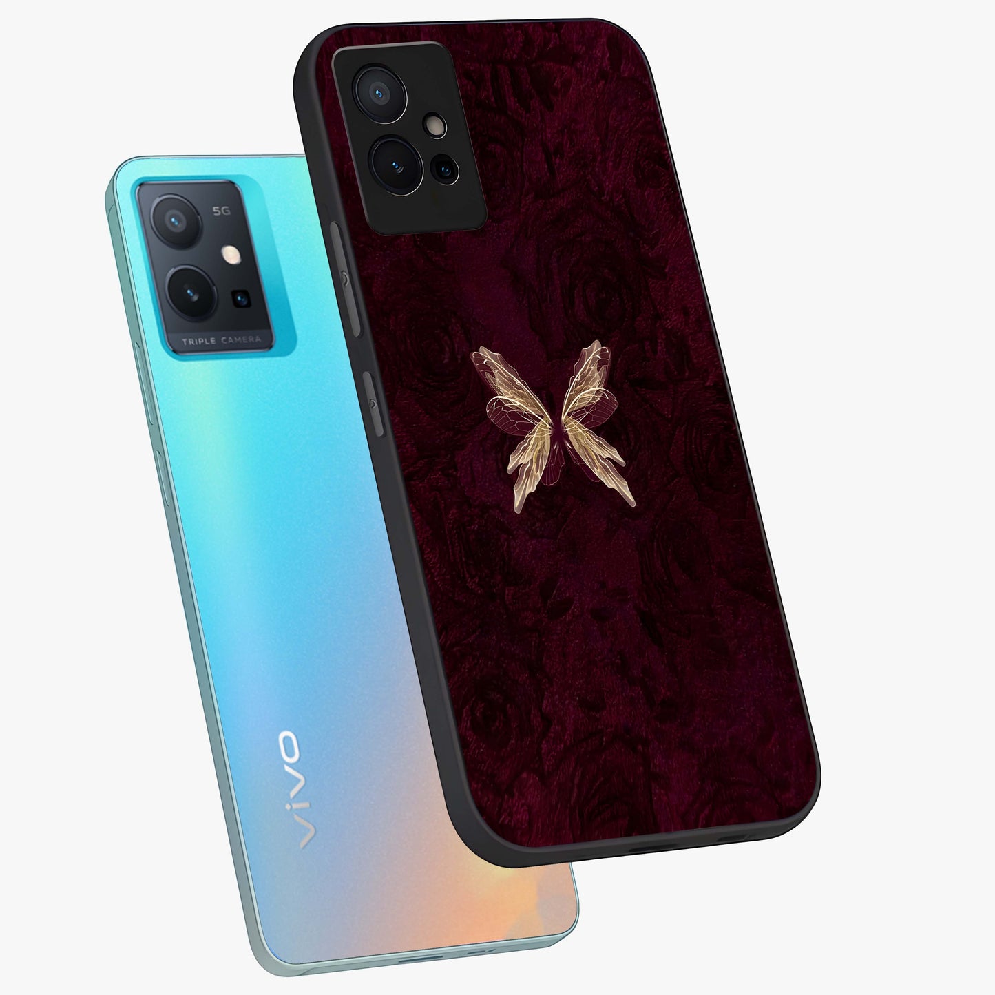 Crimson Fade Butterfly Glass Case displayed in angled mockup highlighting elegant butterfly design with crimson gradient aesthetic.
