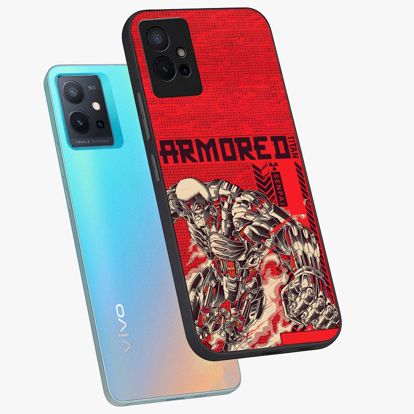 Crimson Mecha Titan Glass Case displayed in angled mockup highlighting futuristic mech illustration with bold crimson aesthetic.