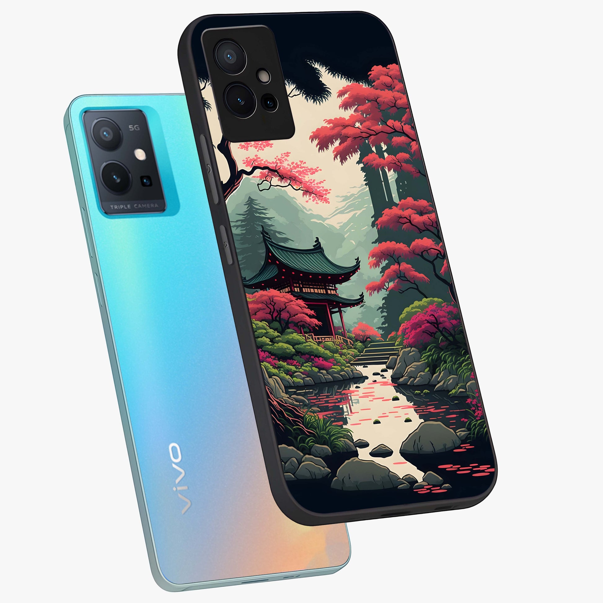 Crimson Temple View Glass Case displayed in angled mockup highlighting traditional temple illustration with crimson aesthetic.