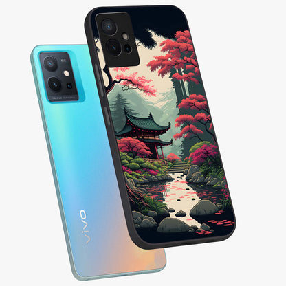 Crimson Temple View Glass Case displayed in angled mockup highlighting traditional temple illustration with crimson aesthetic.