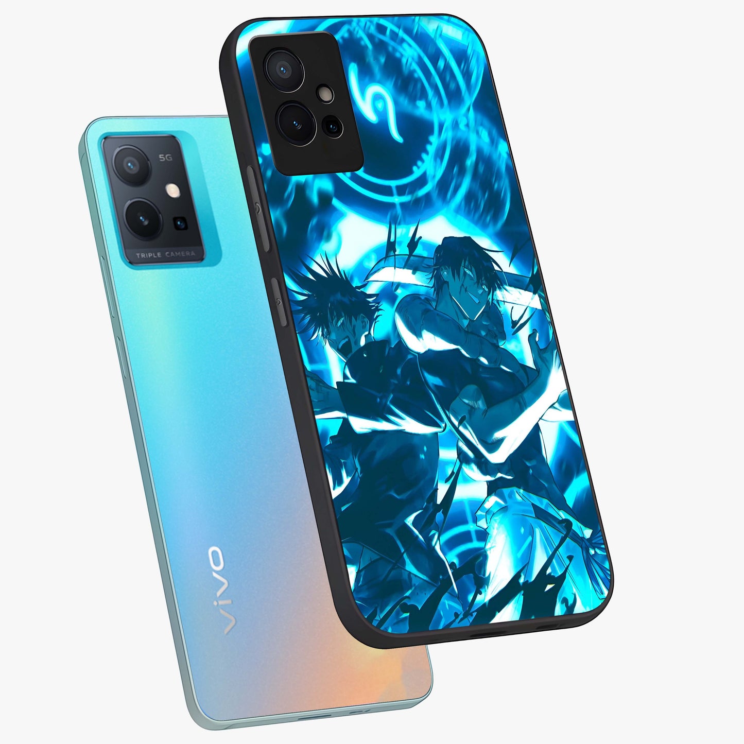 Cursed Energy Clash Glass Case displayed in angled mockup highlighting powerful battle inspired graphic with anime style aesthetic.