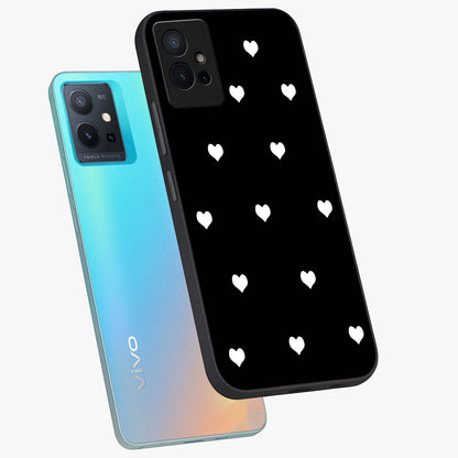 Cute And Simple White Hearts Glass Case displayed in angled mockup highlighting cute heart design with clean aesthetic style.