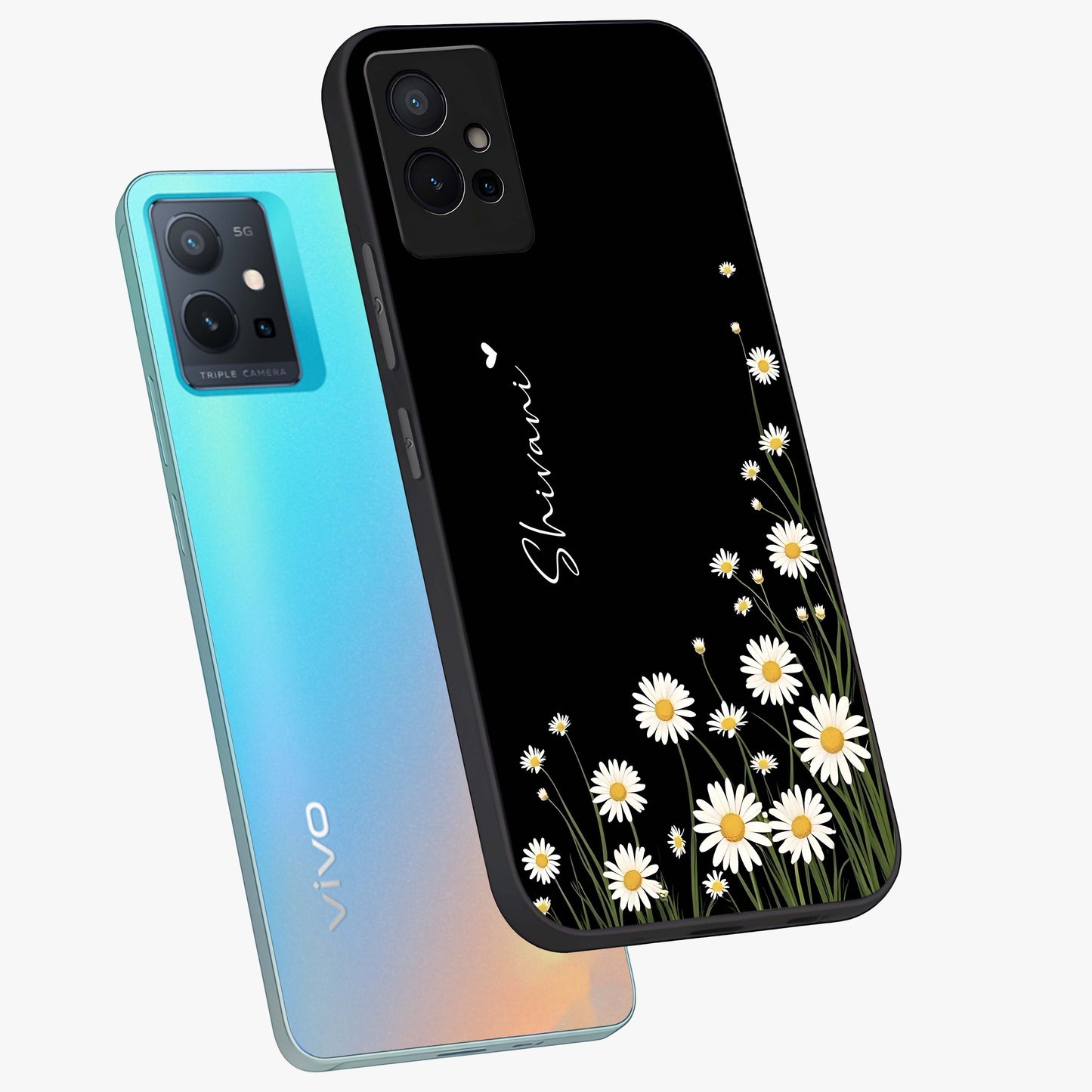 Daisy Cascade Custom Name Glass Case displayed in angled mockup highlighting delicate daisy artwork with custom name feature.