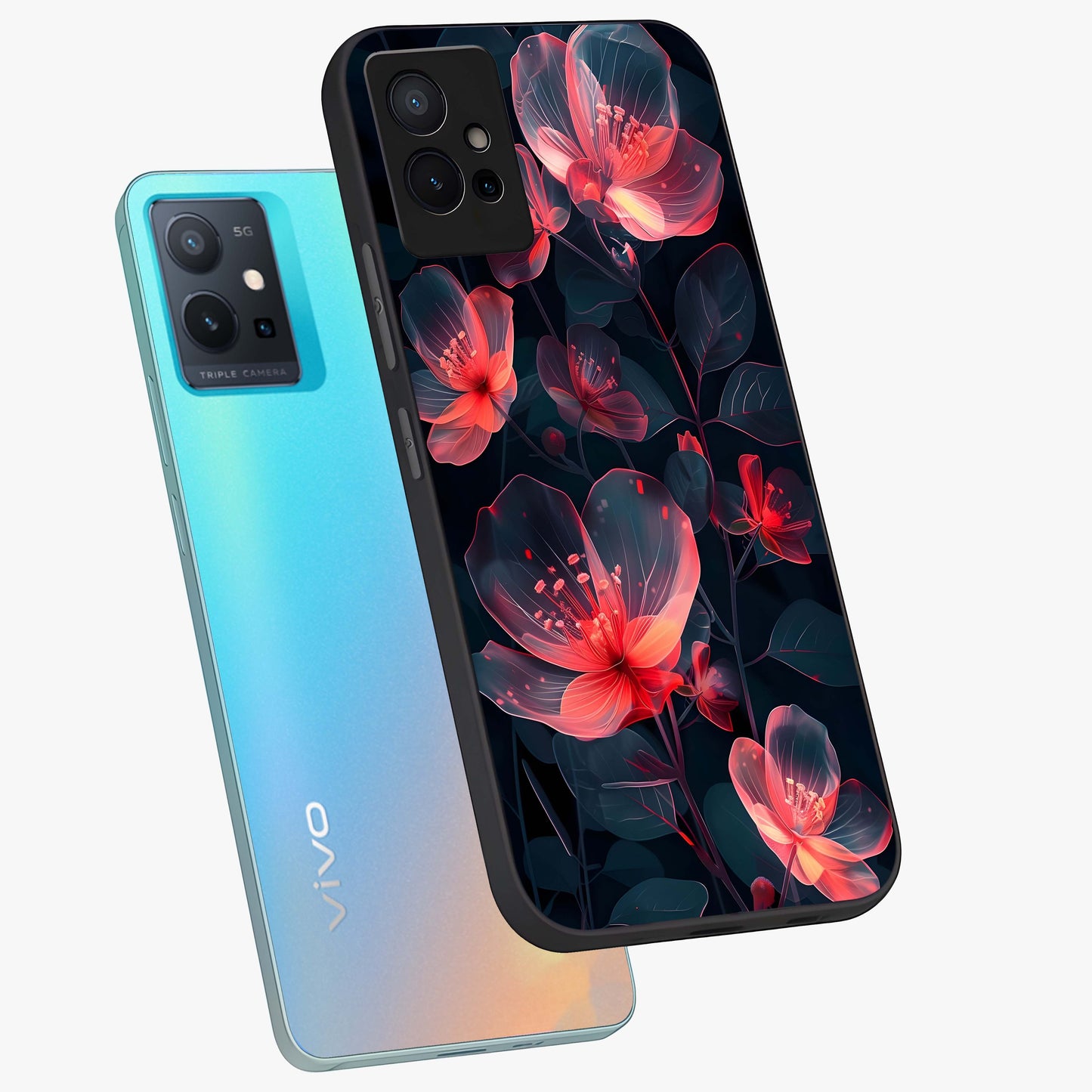 Dark Shade of Flower Glass Case displayed in angled mockup highlighting moody floral illustration with aesthetic dark tones.