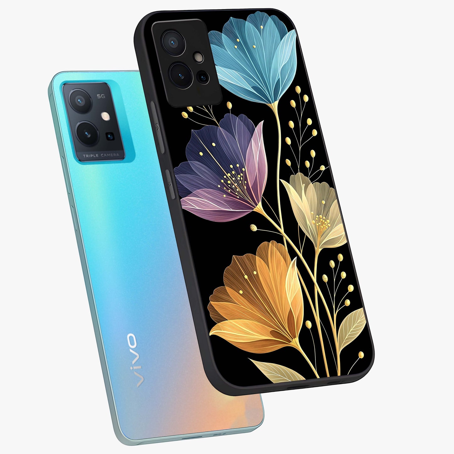 Delicate Multicolor Flowers Glass Case displayed in angled mockup highlighting colorful flower pattern with soft aesthetic style.