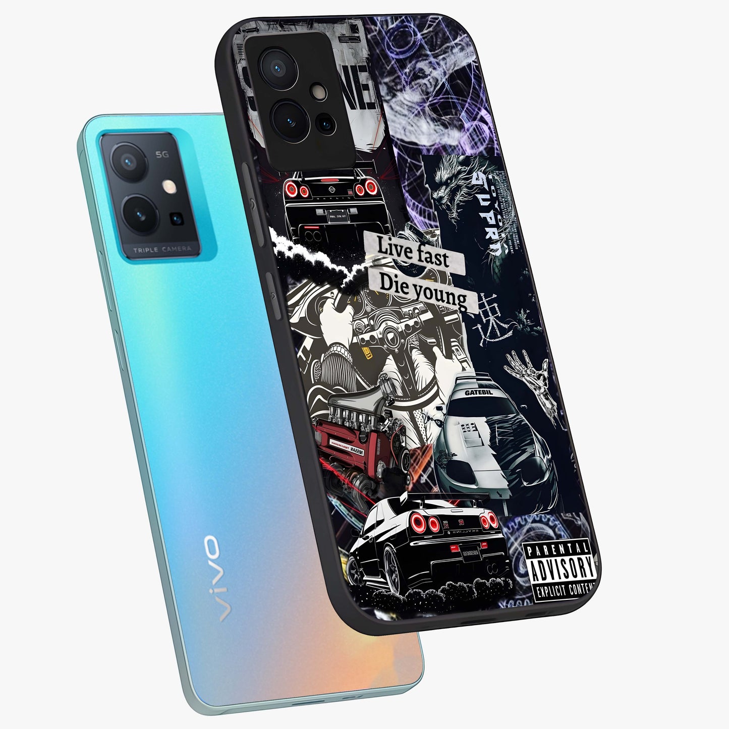 Die Young Glass Case displayed in angled mockup highlighting expressive graphic artwork with edgy aesthetic style.
