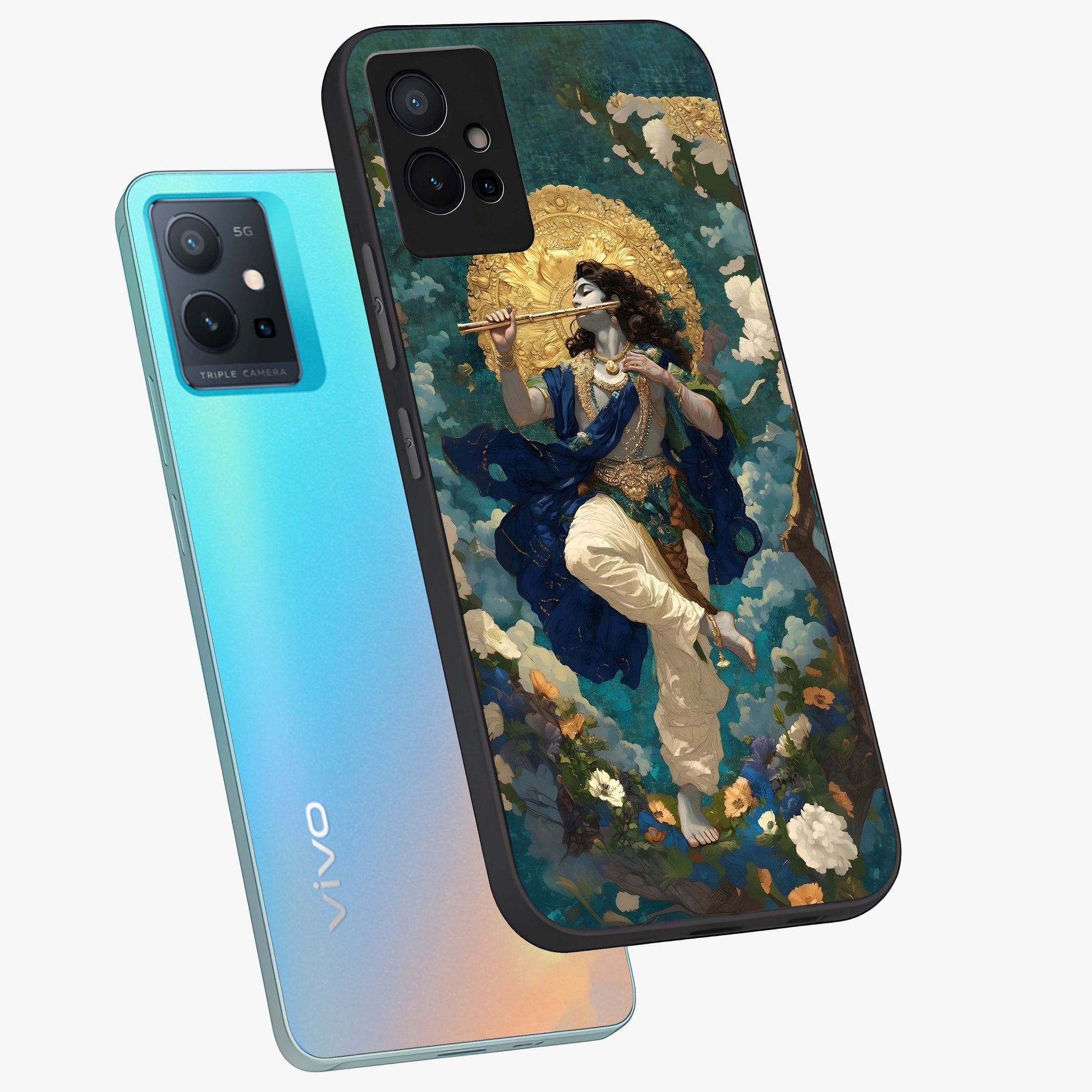 Divine Krishna Art Glass Case displayed in angled mockup highlighting spiritual Krishna illustration with devotional aesthetic.