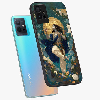 Divine Krishna Art Glass Case displayed in angled mockup highlighting spiritual Krishna illustration with devotional aesthetic.