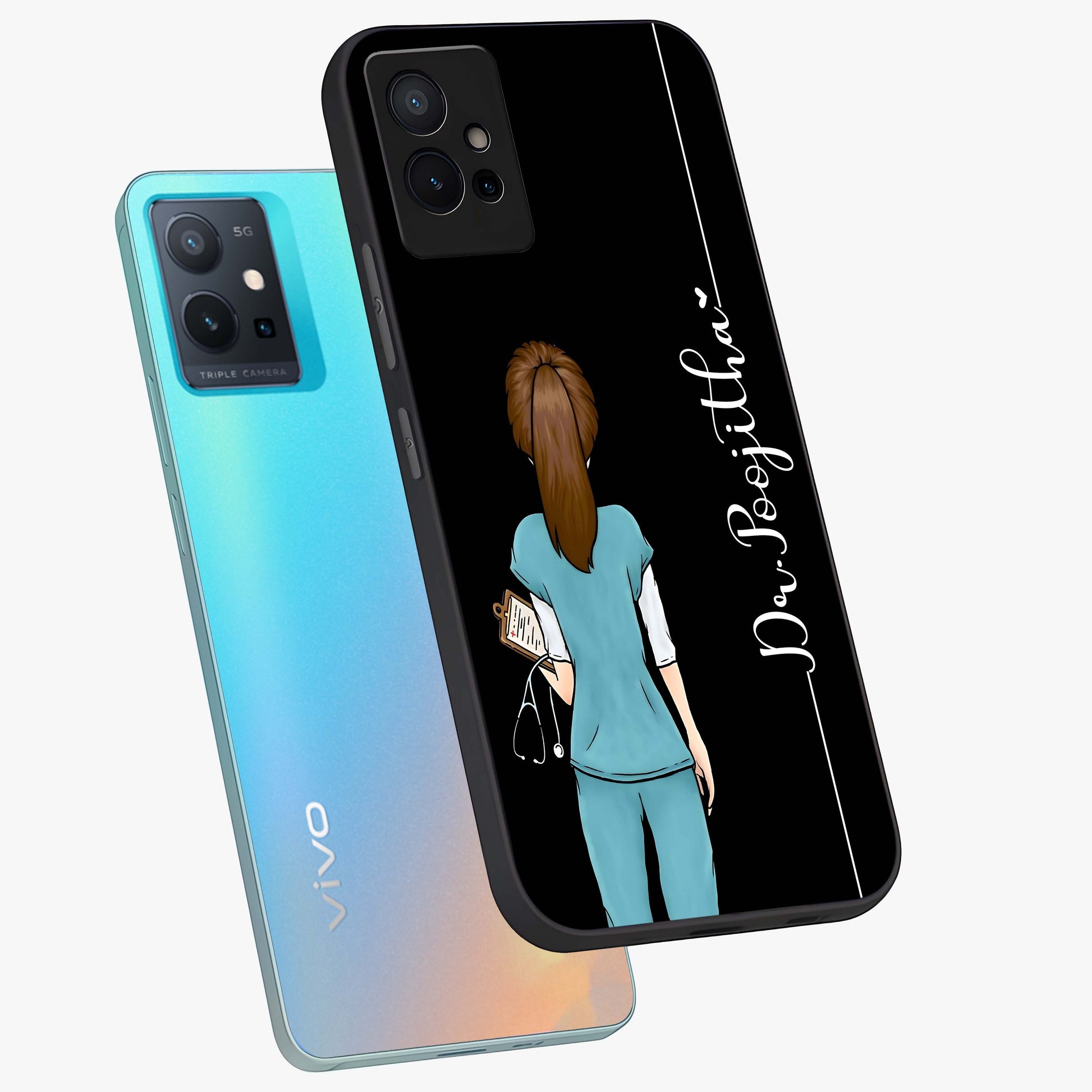 Doctor Pattern Custom Name Glass Case displayed in angled mockup highlighting doctor inspired artwork with custom name feature.