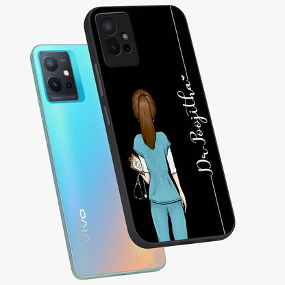 Doctor Pattern Custom Name Glass Case displayed in angled mockup highlighting doctor inspired artwork with custom name feature.
