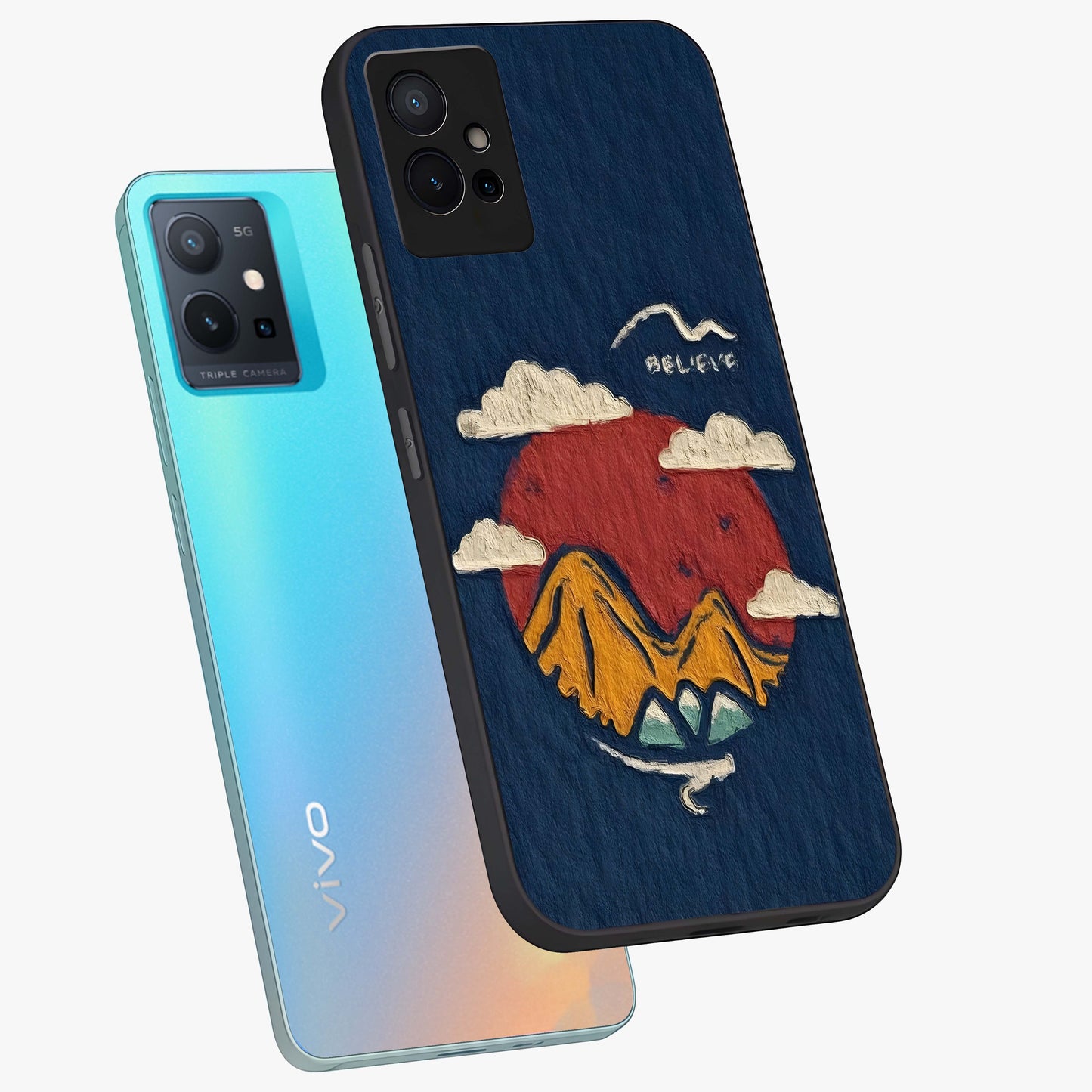 Dream Beyond Mountains Glass Case displayed in angled mockup highlighting dreamy mountain illustration with peaceful aesthetic.