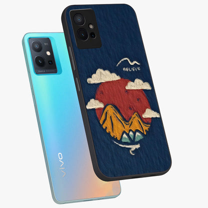 Dream Beyond Mountains Glass Case displayed in angled mockup highlighting dreamy mountain illustration with peaceful aesthetic.