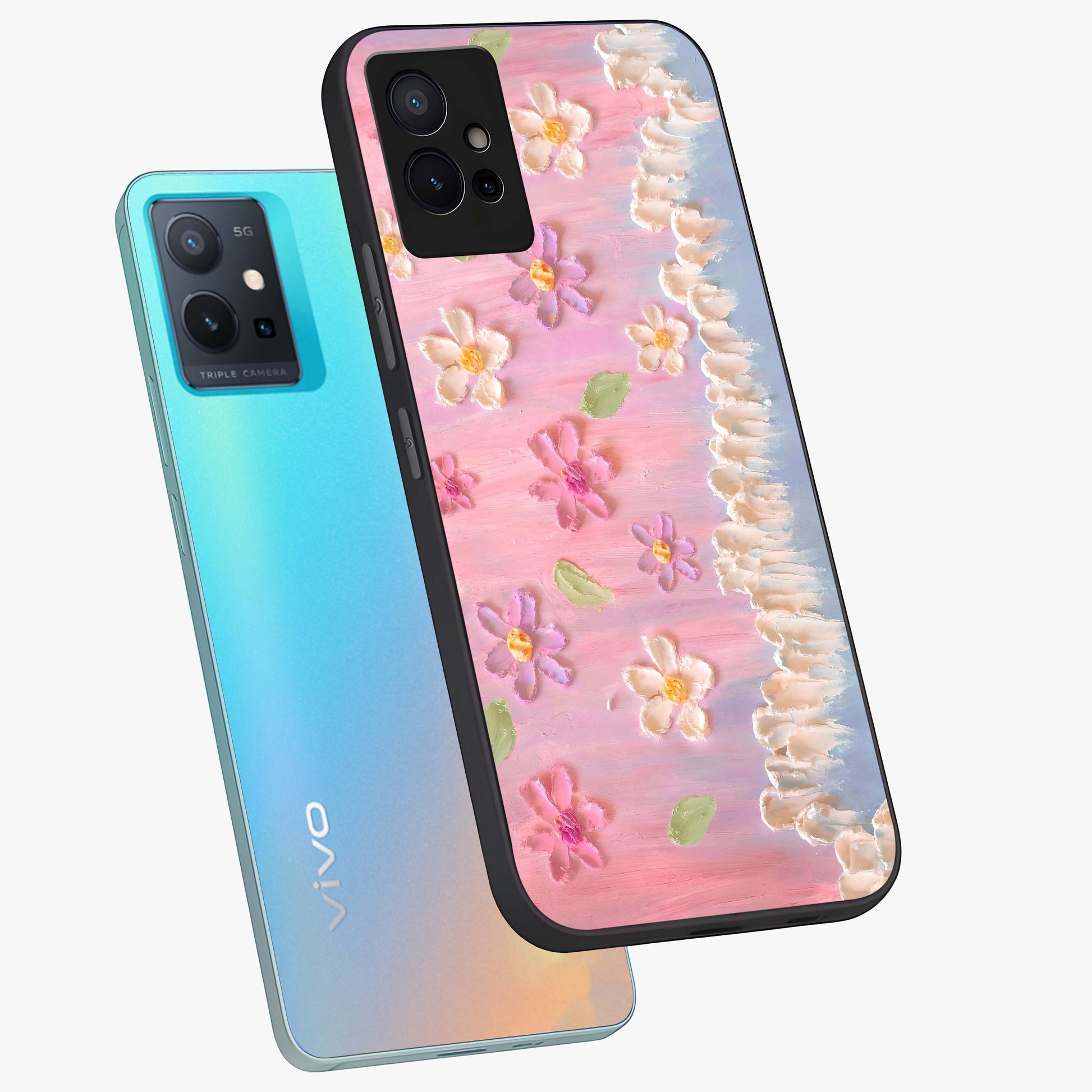Dreamy Painted Garden Glass Case displayed in angled mockup highlighting colorful garden illustration with dreamy aesthetic style.