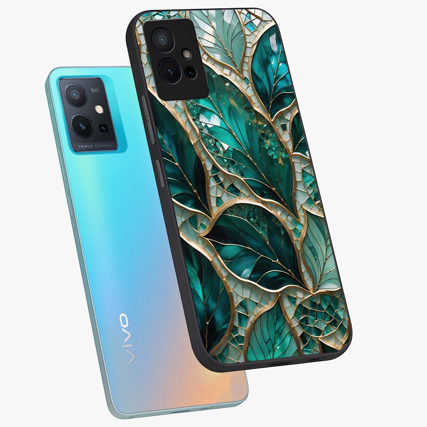 Emerald Leaf Glass Glass Case displayed in angled mockup highlighting botanical leaf illustration with elegant natural aesthetic.