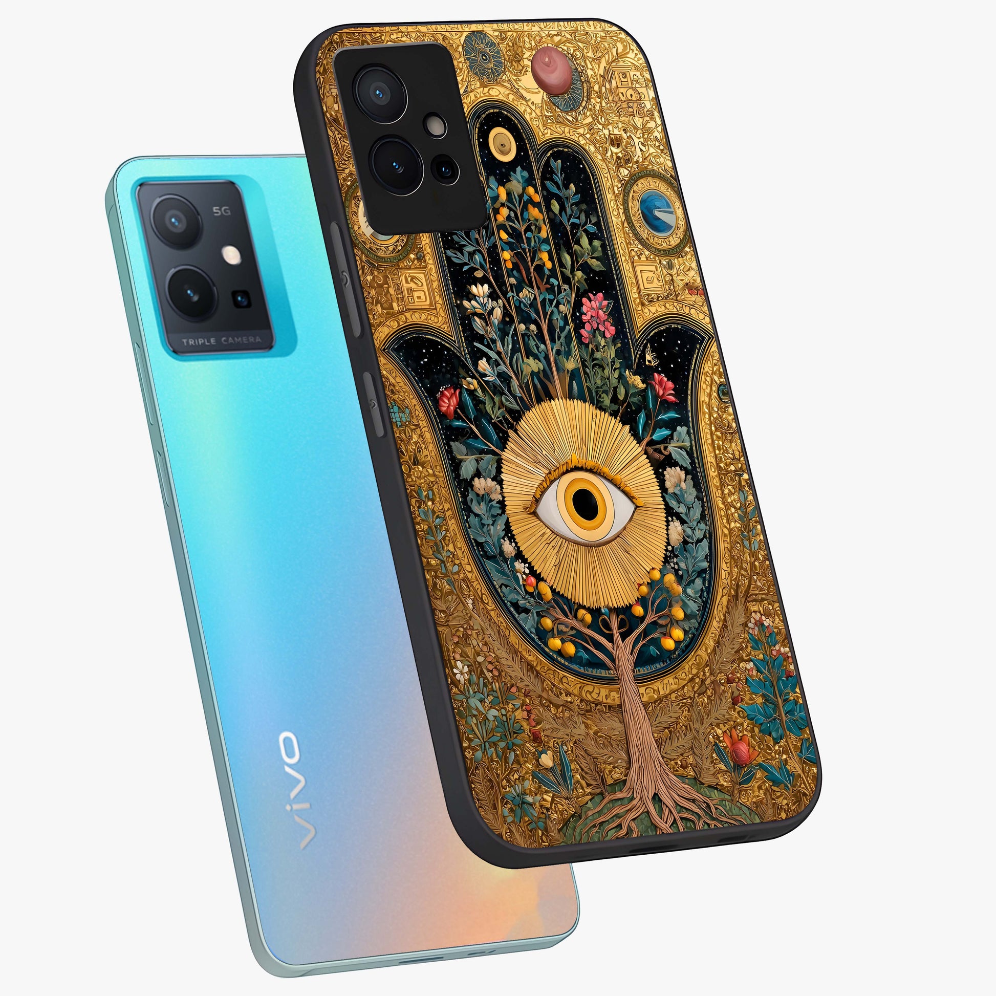 Ethereal Evil Eye Glass Case displayed in angled mockup highlighting protective evil eye symbol with spiritual aesthetic design.