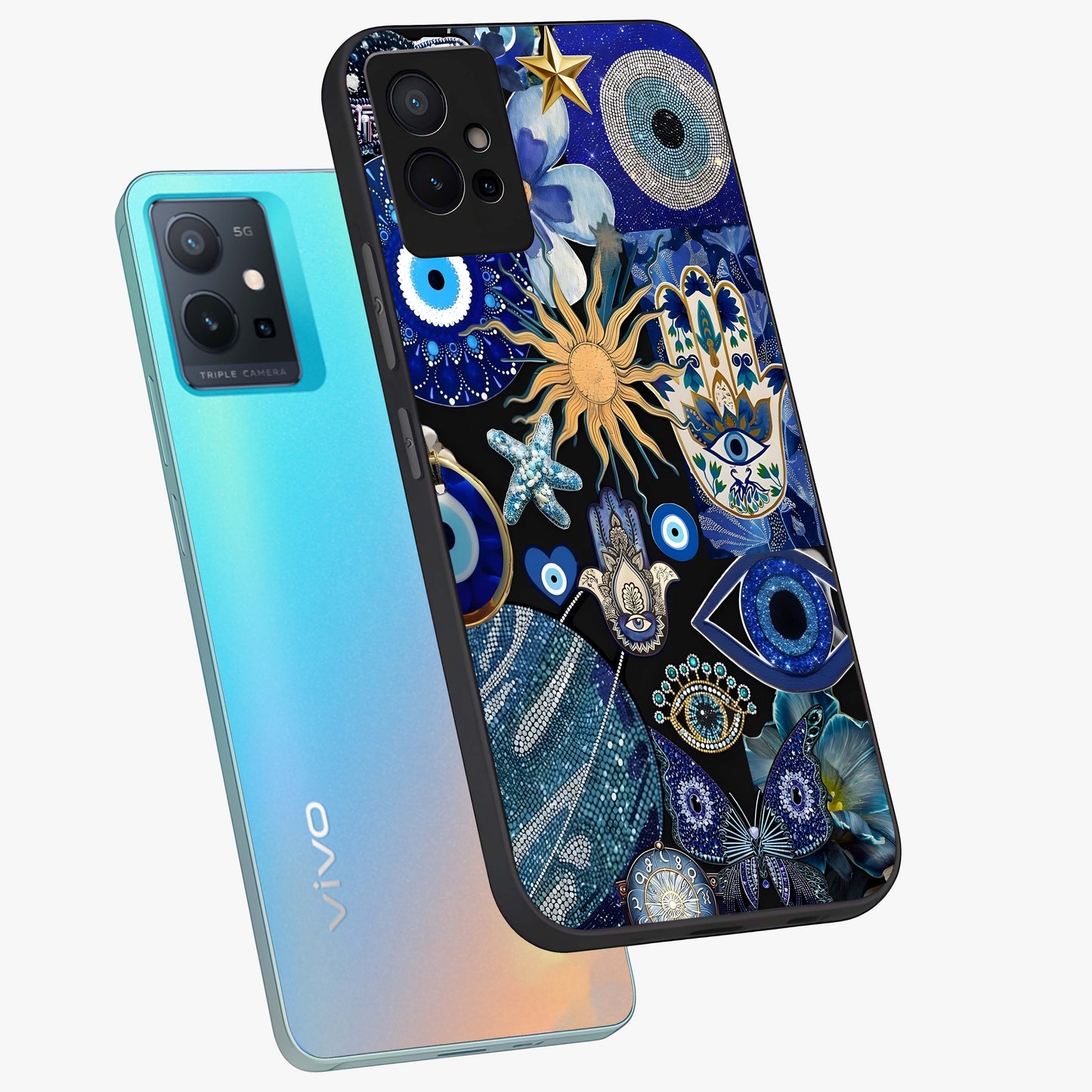 Evil Eye Charm Mix Glass Case displayed in angled mockup highlighting protective evil eye symbols with spiritual aesthetic design.